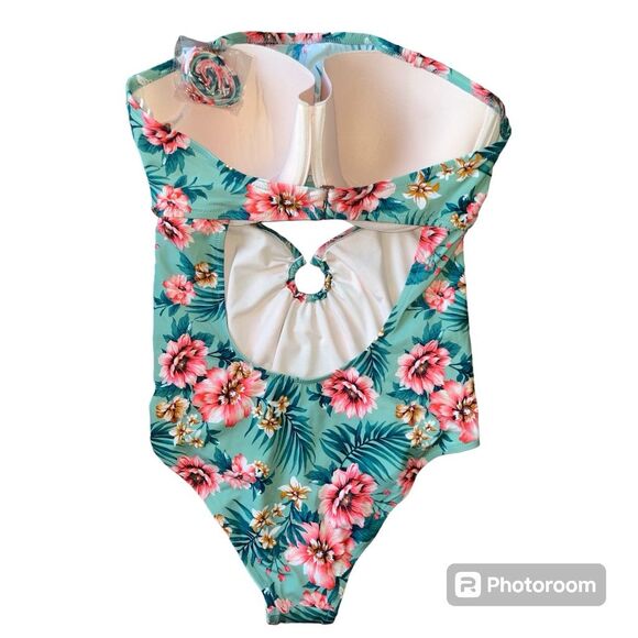 •Shade & Shore Floral One Piece Swimsuit Green 38DD Women’s Tropical Cut-Out - Picture 4 of 5